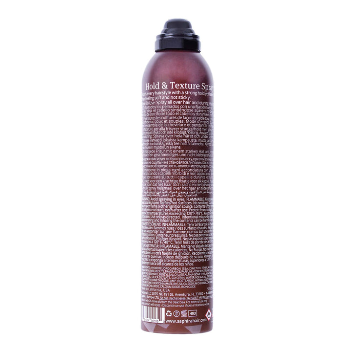 Saphira Hold & Texture Spray back label + ingredients list